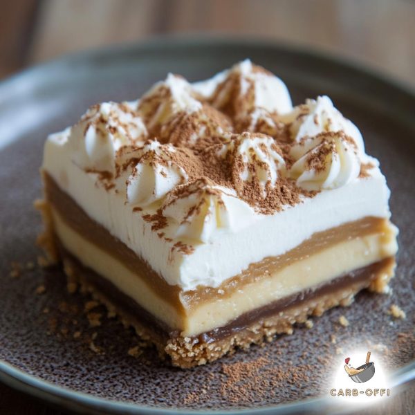 Square piece of banoffee pie with two layers of caramel sauce, one biscuit layer and one cream layer, topped with whipped cream and chocolate dust on a round dark plate.