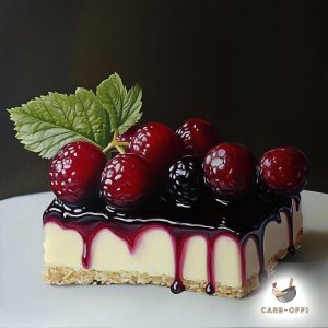 Big square piece of blackcurrant cheesecake on a round white plate. Thin layer of biscuit base, thick layer of cream and dripping blackcurrant jam on top as well as fresh blackcurrants