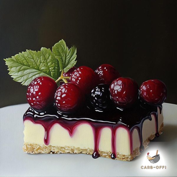 Big square piece of blackcurrant cheesecake on a round white plate. Thin layer of biscuit base, thick layer of cream and dripping blackcurrant jam on top as well as fresh blackcurrants