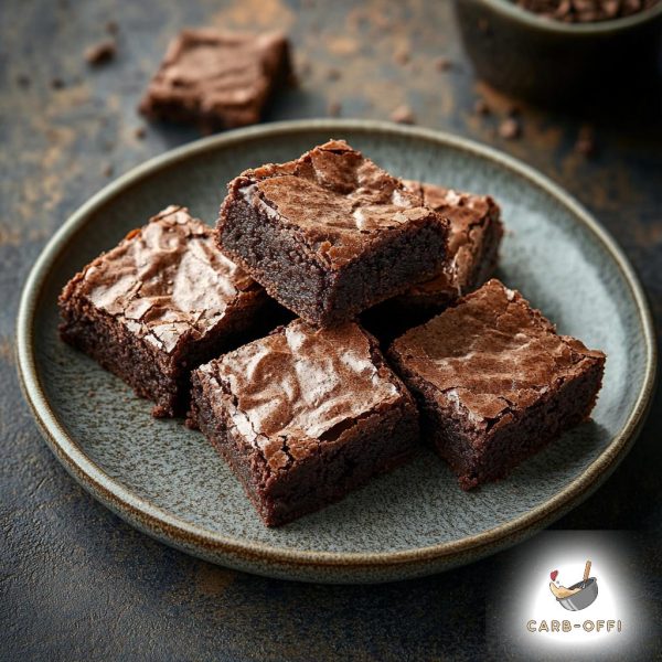 Five pieces of chocolate brownies on a dark grey plate