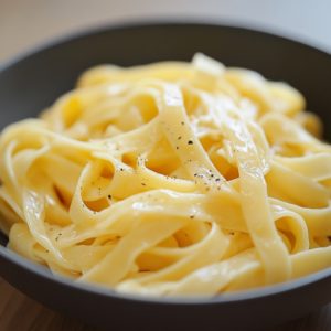black bowl with cooked wide egg noodles dusted with black pepper