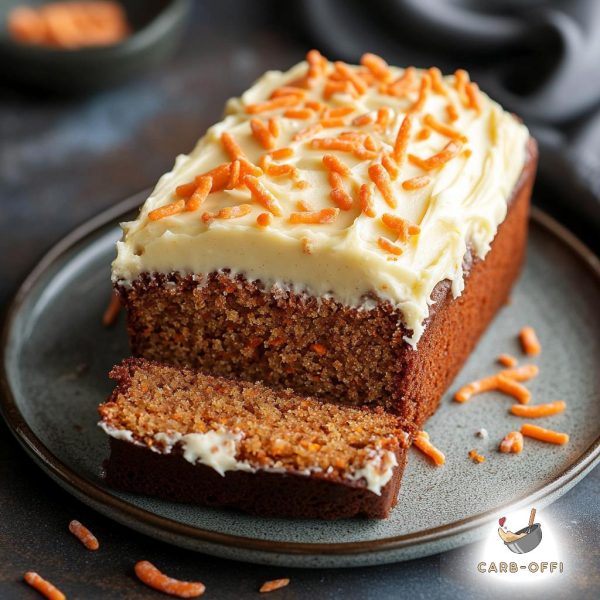 Rectangular carrot cake loaf topped with cream cheese frosting and freshly grated carrot in a round grey plate.