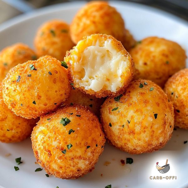 Several golden brown cheese balls (one of them bitten) sprinkled with green herbs on a round, white plate