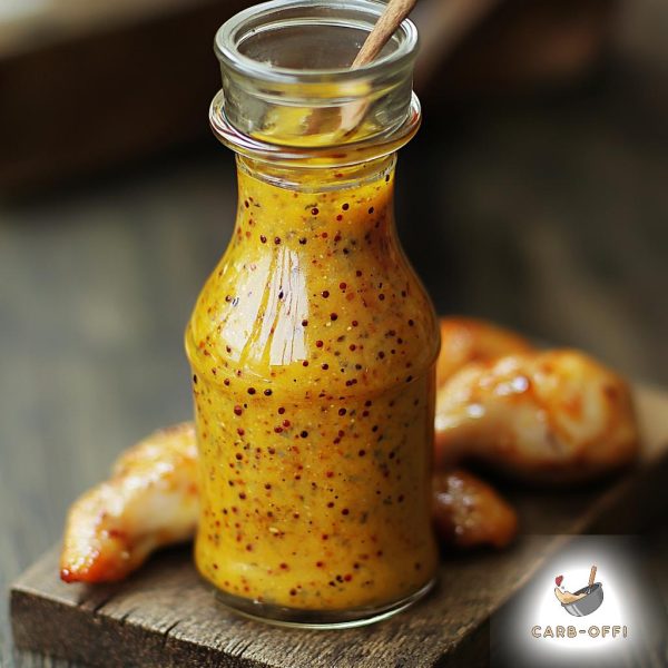 Mustard sauce with different colours peppercorns in an open, small glass bottle on a wooden board surrounded by two pieces of fried chicken breast strips