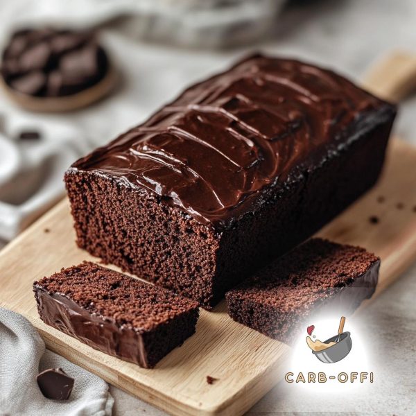 Ganache topped chocolate cake loaf on a rectangular wooden board.