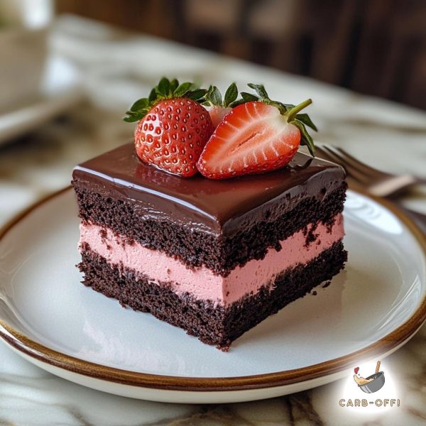 Square piece of chocolate cake with pink-coloured strawberry cream filling, topped with chocolate ganache and fresh strawberries, on a round, white plate