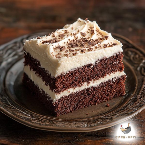 Square piece of chocolate cake with vanilla cream frosting as both filling and topping, decorated with chocolate shavings on a round. dark brown plate