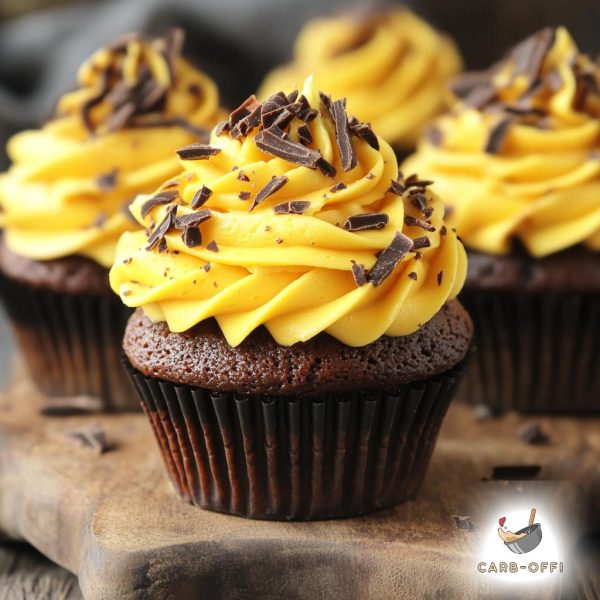 Four chocolate cupcakes on a wooden board topped with yellow banana frosting and chocolate shavings