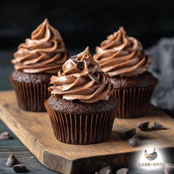 Three chocolate cupcakes with chocolate frosting topped with chocolate shavings on a wooden board