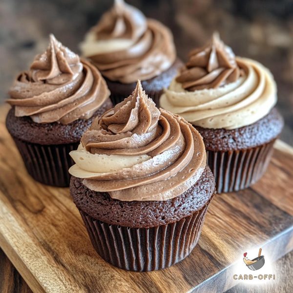 Four chocolate cupcakes on a wooden board with chocolate & vanilla frosting