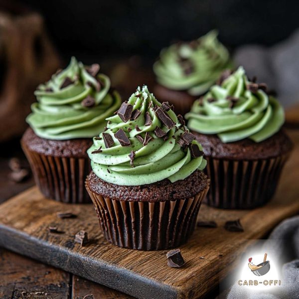 Four chocolate cupcakes with green frosting topped with chocolate chips on a wooden board