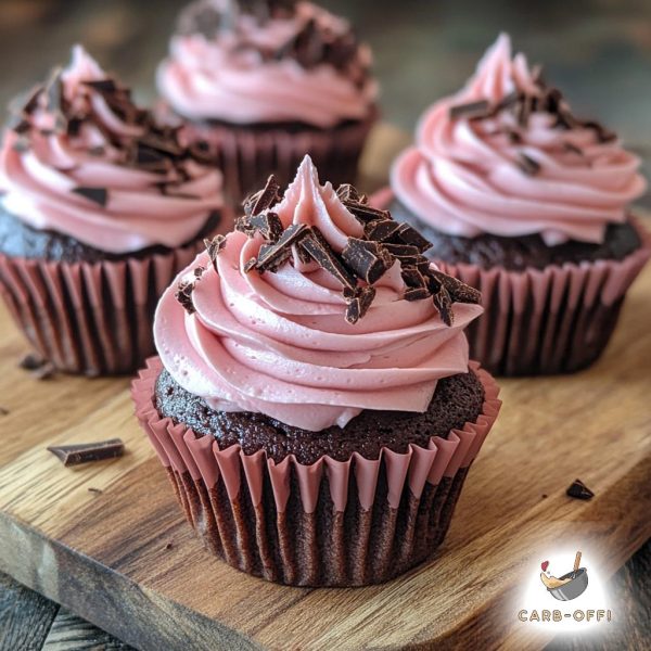 Four chocolate cupcakes on a wooden board, topped with strawberry cream frosting and chocolate shavings