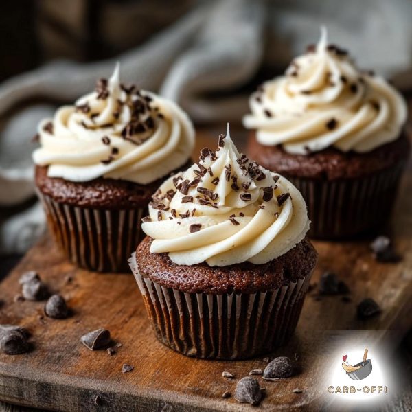 Three chocolate cupcakes with vanilla frosting topped with chocolate chips on a wooden board