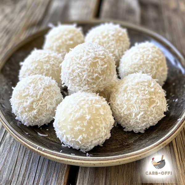 Dark, round plate with 10 round coconut macaroons covered in desiccated coconut on a wooden table