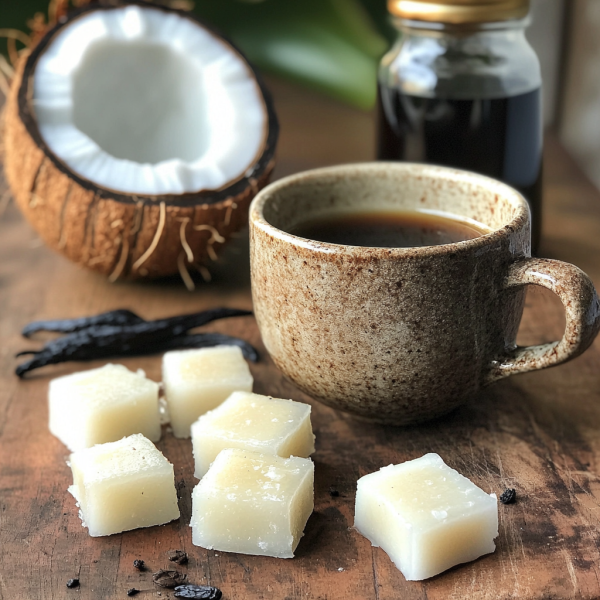 Big light brown cup with coffee, surrounded by half a coconut, two vanilla sticks and five off white, square fat bombs