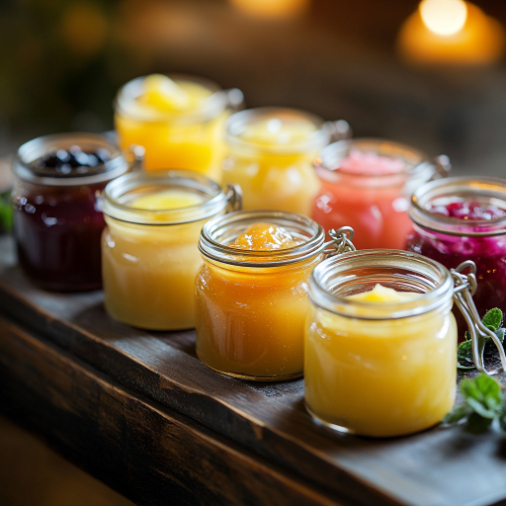 Wooden board with a selection of 8 fruit curds in glass jars without lid