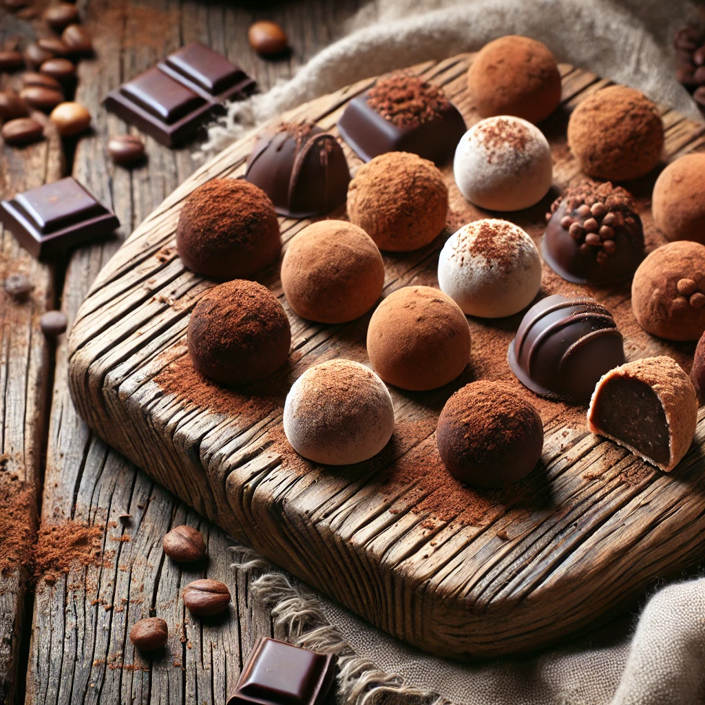 A rustic wooden board with a selection of handmade marzipan truffles. Some are covered in dark chocolate, others are dusted with cocoa powder