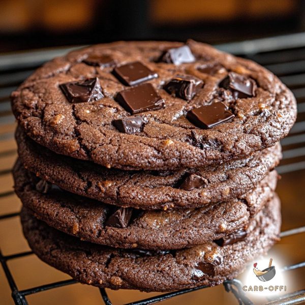 Stack of four double chocolate cookies with chocolate chips on a rack