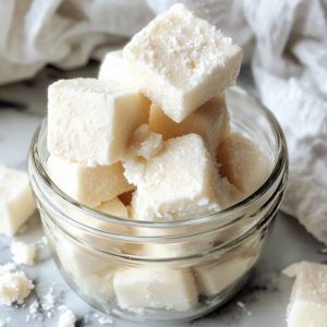 glass jar transparent with square off white energy bites