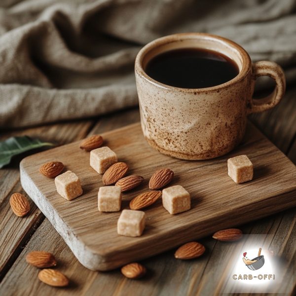 Brown mug with black coffee on a wooden board with scattered almonds and light brown cubes