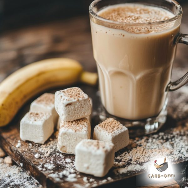 Tall glass with banana milkshake on a wooden board with a banana on the background and square fat bombs next to it.