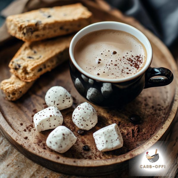 Round wooden board with a black mug of hot coffee with a few bubbles, with 3 biscotti in the background and a few white round fat bombs next to it