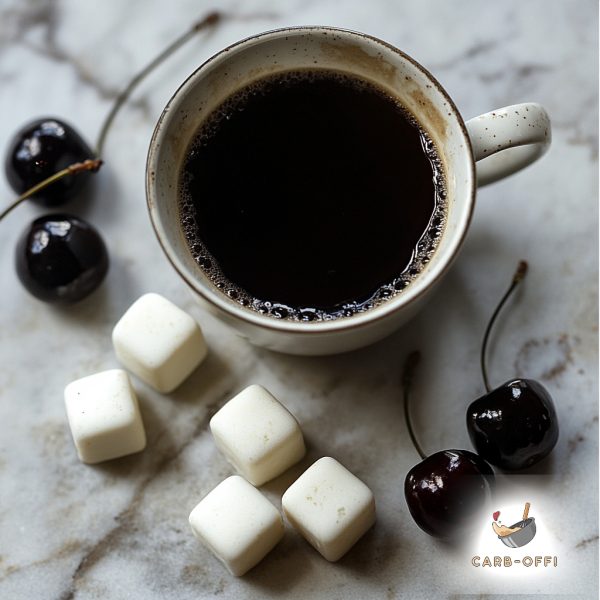 White cup of black coffee on a white marble surrounded by 4 black cherries and 5 square white fat bombs