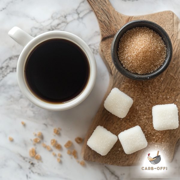 White cup of black coffee on a white marble surrounded by a pot of brown sugar some of which has spilled around and 4 white square fat bombs