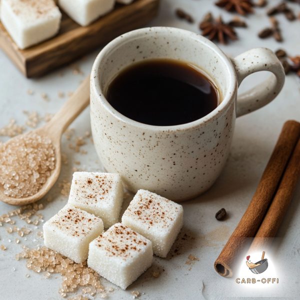 Off white mug with black coffee on a white marble surrounded by 4 square white fat bombs dusted with brown sugar, a wooden teaspoon with brown sugar and two cinnamon sticks