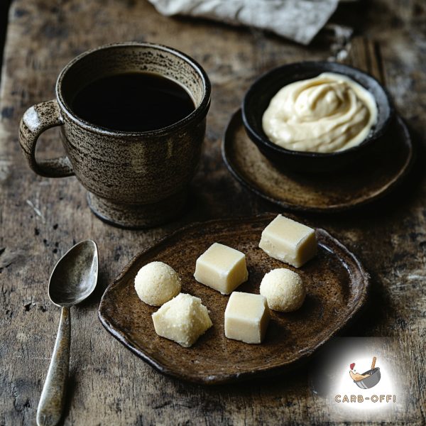 Off black mug with black coffee on an off black surface, next to a metal teaspoon and 2 small plates; one of them contains a black round bowl with custard cream and the other 6 white pieces of random shaped fat bombs