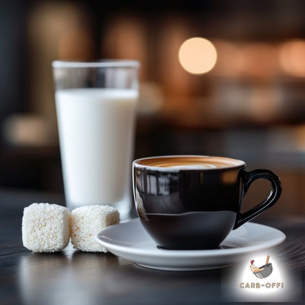 Black cup of coffee on a white saucer on a black table; in the background there is a tall glass of milk and 2 square, white fat bombs