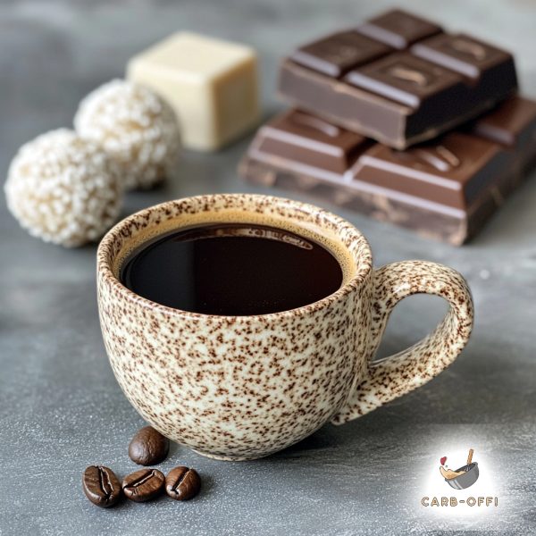 Off brown mug with coffee on a gray surface, with a few cocoa seeds next to it, a piece of dark chocolate and a piece of milk chocolate in the background and 2 round and 1 square white fat bombs in the background