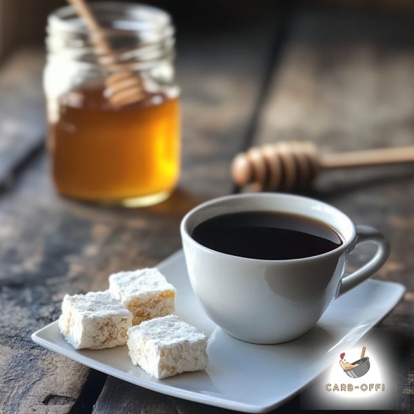 White cup of black coffee on a rectangle, white saucer next to 3 square, white fat bombs with an open jar of honey in the background