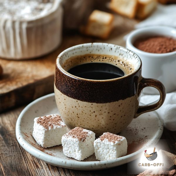 Turkish coffee in a double brown coloured mug on a white saucer with 3 square white fat bombs, having a small bowl of cocoa powder in the background