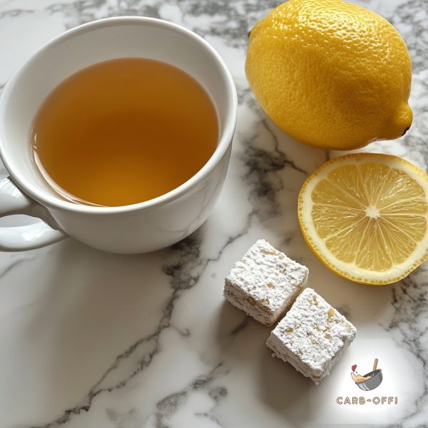 White cup of blonde tea on a white marble surface next to 2 square, white fat bombs and a slice of lemon and a whole lemon next to those.