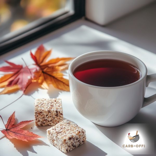 Cup of red tea on a white surface next to 2 off-brown fat bombs and 2 maple leaves (one bigger and the other one smaller) with a window in the background