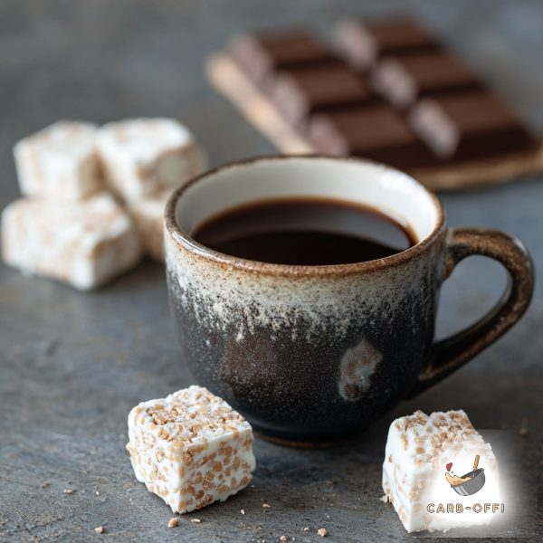 2-coloured cupp of black coffee surrounded by a few square, white energy bombs and a milk chocolate bar in the background