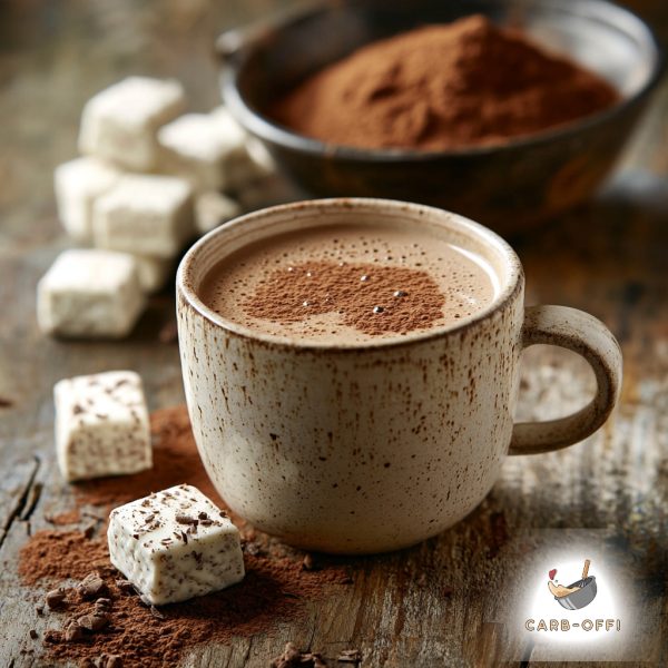 off brown cup of mocha coffee on a wooden surface, surrounded by several square, white fat bombs and a bowl of chocolate powder in the background