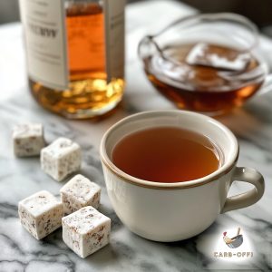White cup of tea on an off-white marble surface, with a bottle of rum and a short glass of rum in the background