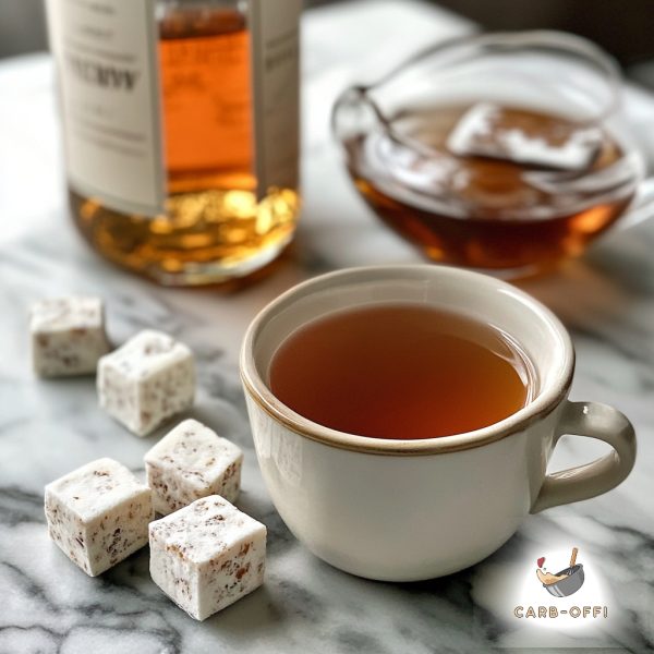 White cup of tea on an off-white marble surface, with a bottle of rum and a short glass of rum in the background