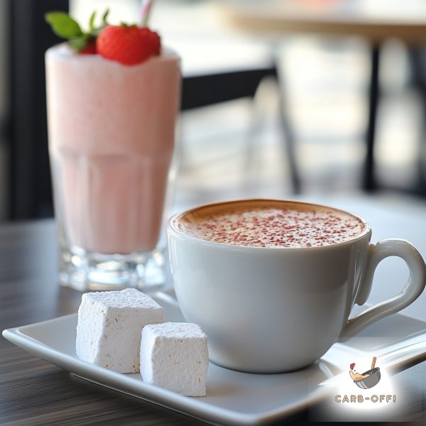 White cup of hot chocolate on a rectangular white saucer which also hosts 2 square, white energy bombs and a tall glass of strawberry milkshake with a fresh strawberry on top in the background