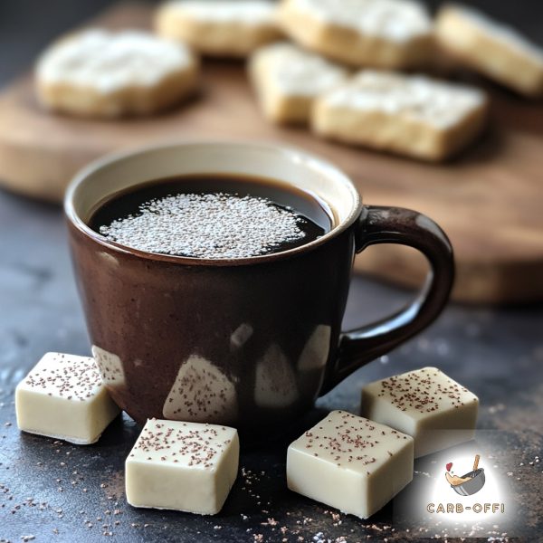 Brown cup of black coffee surrounded by four off-white, square energy bites on a gray surface and a wooden board with rectangular sugar cookies in the background