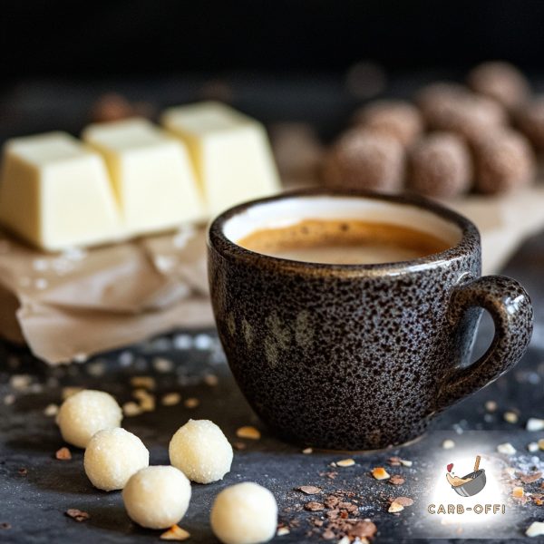 Dark brown cup of Turkish coffee on a dark surface surrounded by small, off-white energy balls and a big, chunky three-piece white chocolate bar in the background