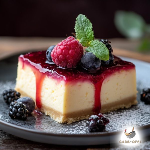 Square piece of forest fruits cheesecake on a dark gray round plate. Thin layer of biscuit base, thick layer of cream topped with a thin layer of dripping forest fruits compote and fresh forest fruits and a peppermint leaf