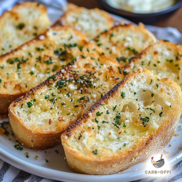 A few pieces of garlic bread slices served on a white, round plate and sprinkled with dried green herbs