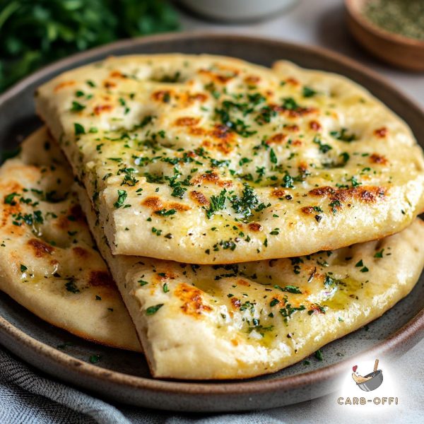 Three triangle pieces of flatbread sprinkled with chopped herbs, on a brown, round plate