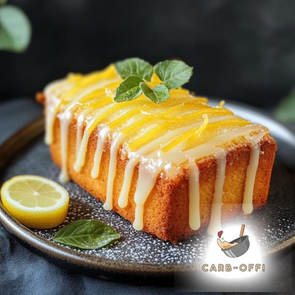 Lemon cake rectangular loaf on a grey round plate. topped with dripping lemon drizzle, lemon zest and a peppermint leaf