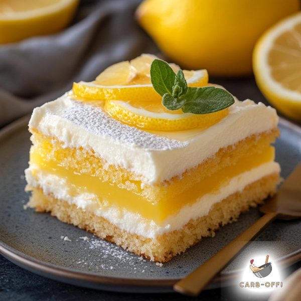 Square piece of lemon cake with vanilla cream filling and a thick layer of lemon curd topped with a layer of whipped cream and a couple of lemon slices and a peppermint leaf on a round, grey plate