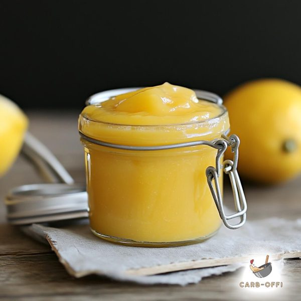 Lemon curd in an open mason jar placed on a grey piece of fabric and a whole lemon in the background.