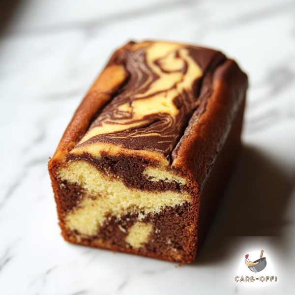 Rectangular marble cake loaf with the first slice missing so that we can see the inside of the cake, placed on an off-white marble surface